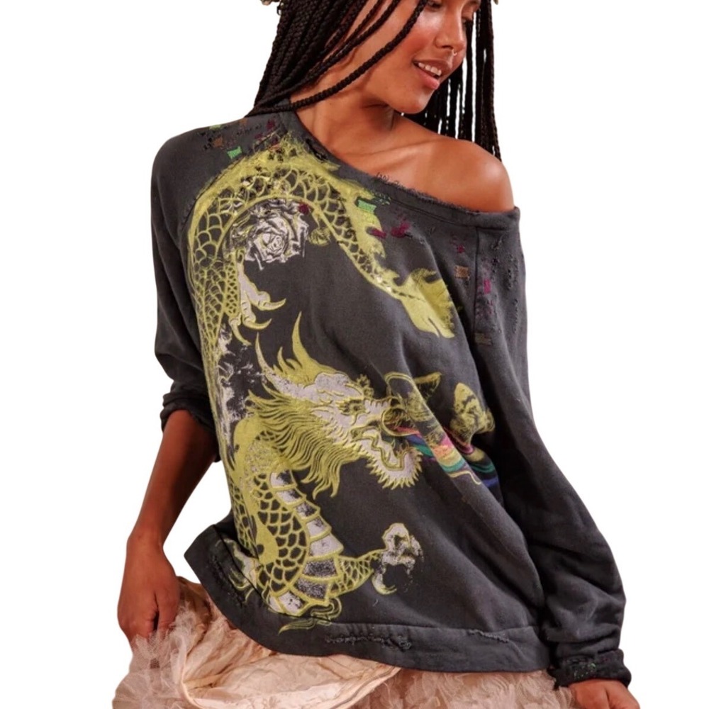 Magnolia Pearl Rainbow Yellow Dragon Dark Gray Distressed Sweatshirt NWT